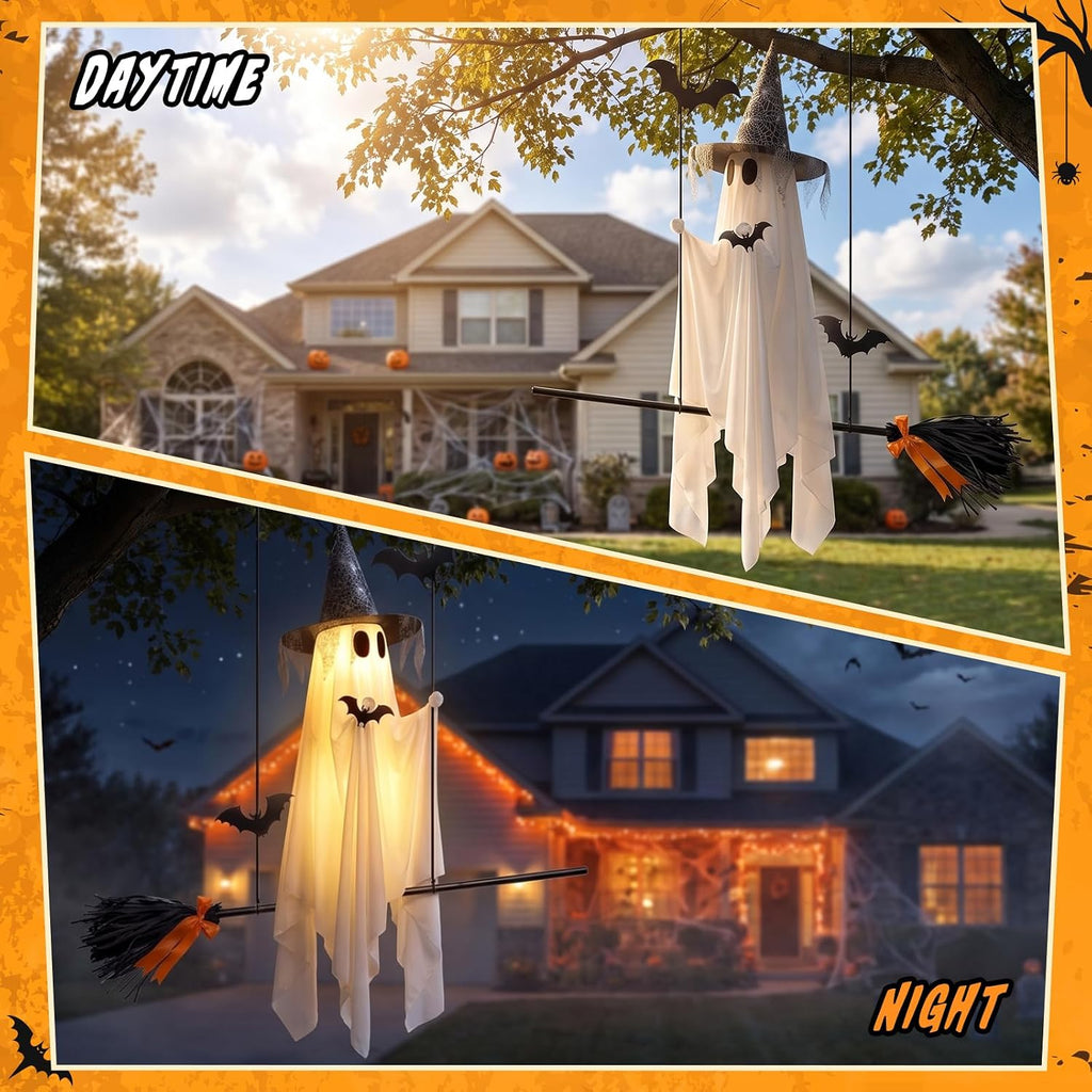 Halloween Ghost Decor, 60 inch, with Witch Hat and Broom, 8 Lighting Modes