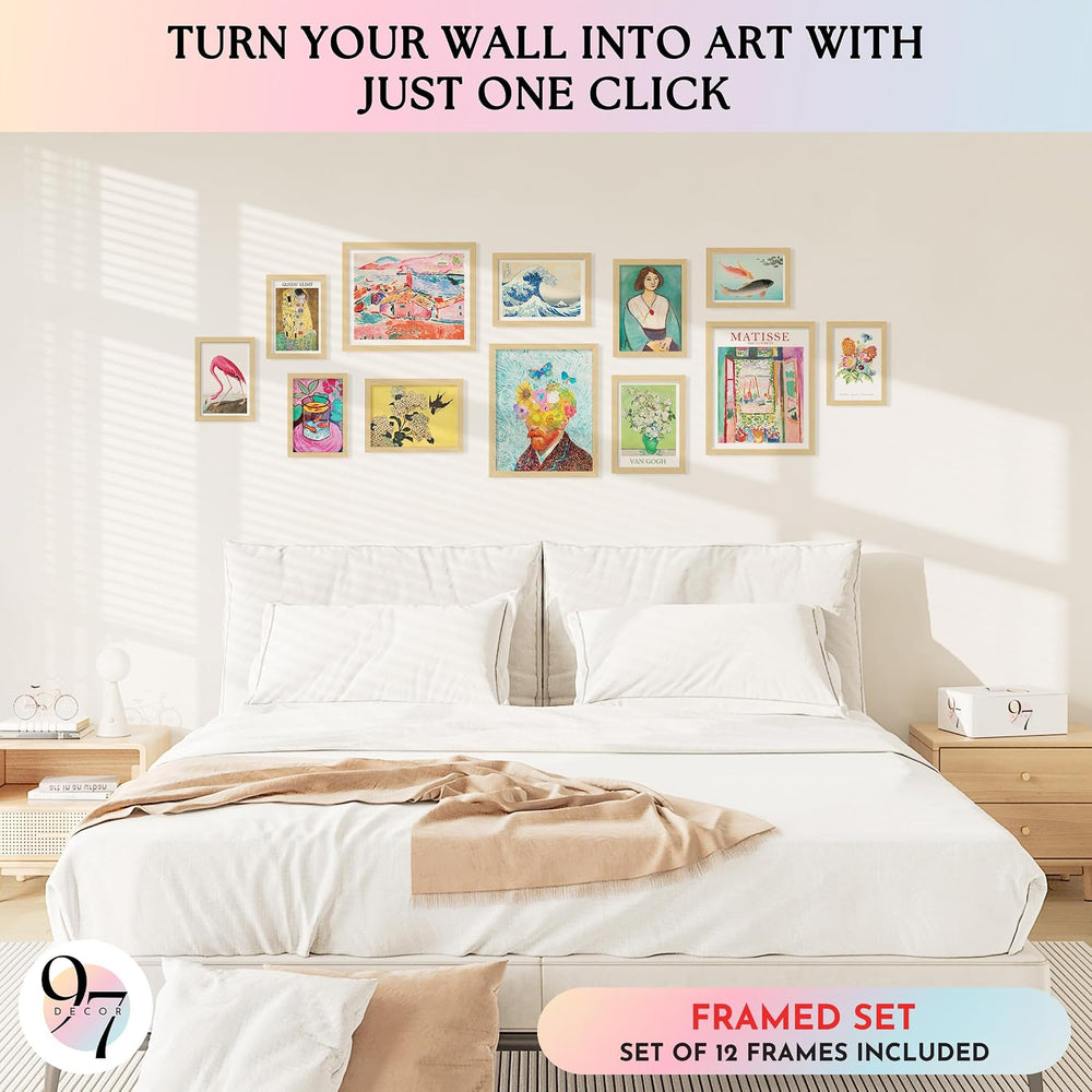 Eclectic FRAMED Wall Art, Retro Colorful Prints for Bedroom, BEIGE FRAME
