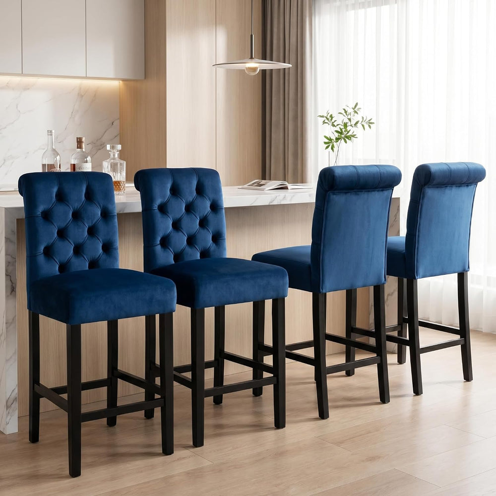 26" Blue Velvet Bar Stools Set of 4 with Button Tufted Back