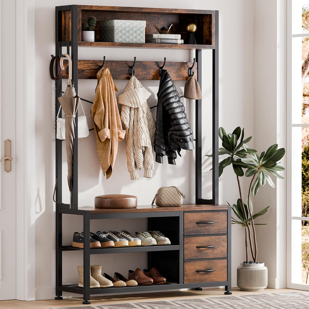 Hall Tree with Bench & 3 Drawers Storage 31.5" Coat Rack Entryway Or...