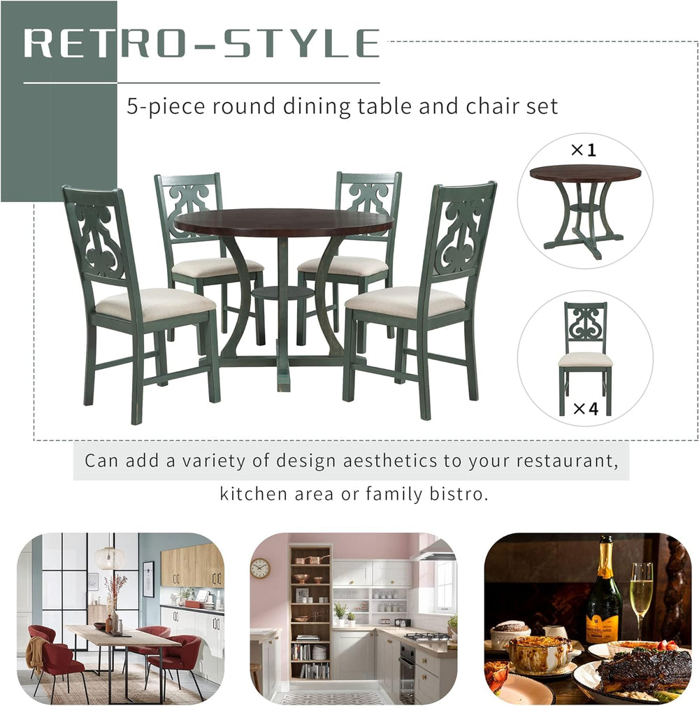 Harper & Bright Designs 5-Piece Round Table Set with Shelf, Wooden Family...