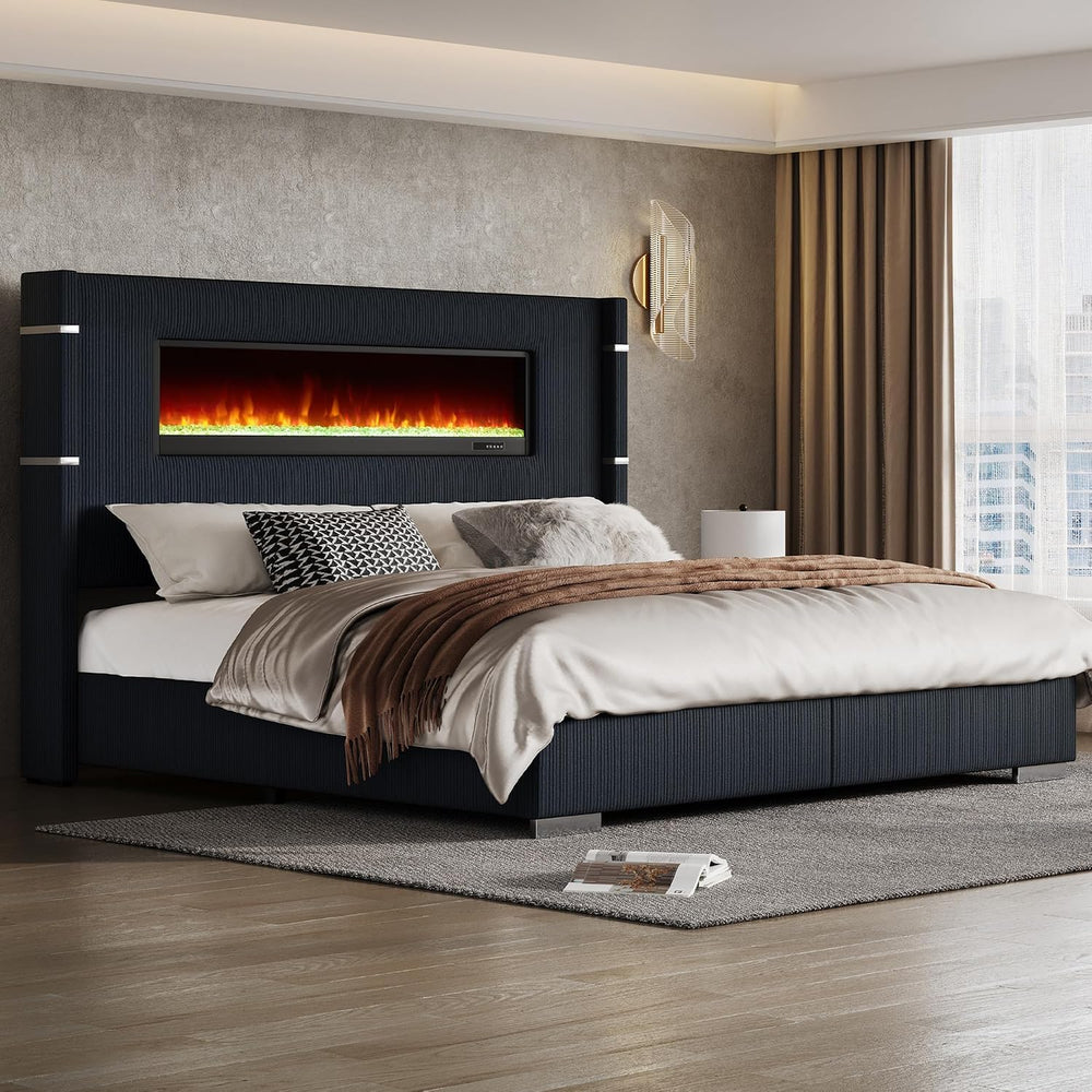 AMERLIFE Cal King Fireplace Bed Frame, Upholstered Headboard, Black