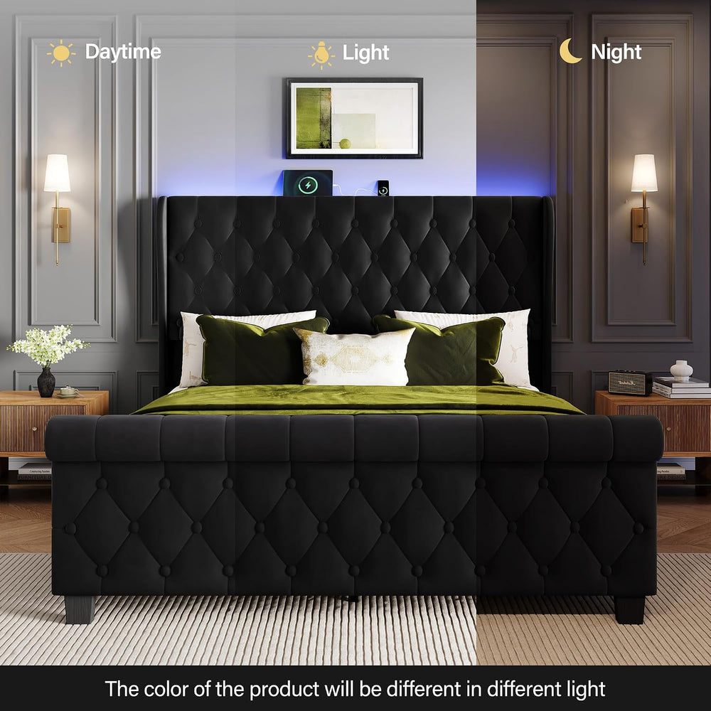 King Size Bed Frame with Headboard, Upholstered Bed Frame, Balck