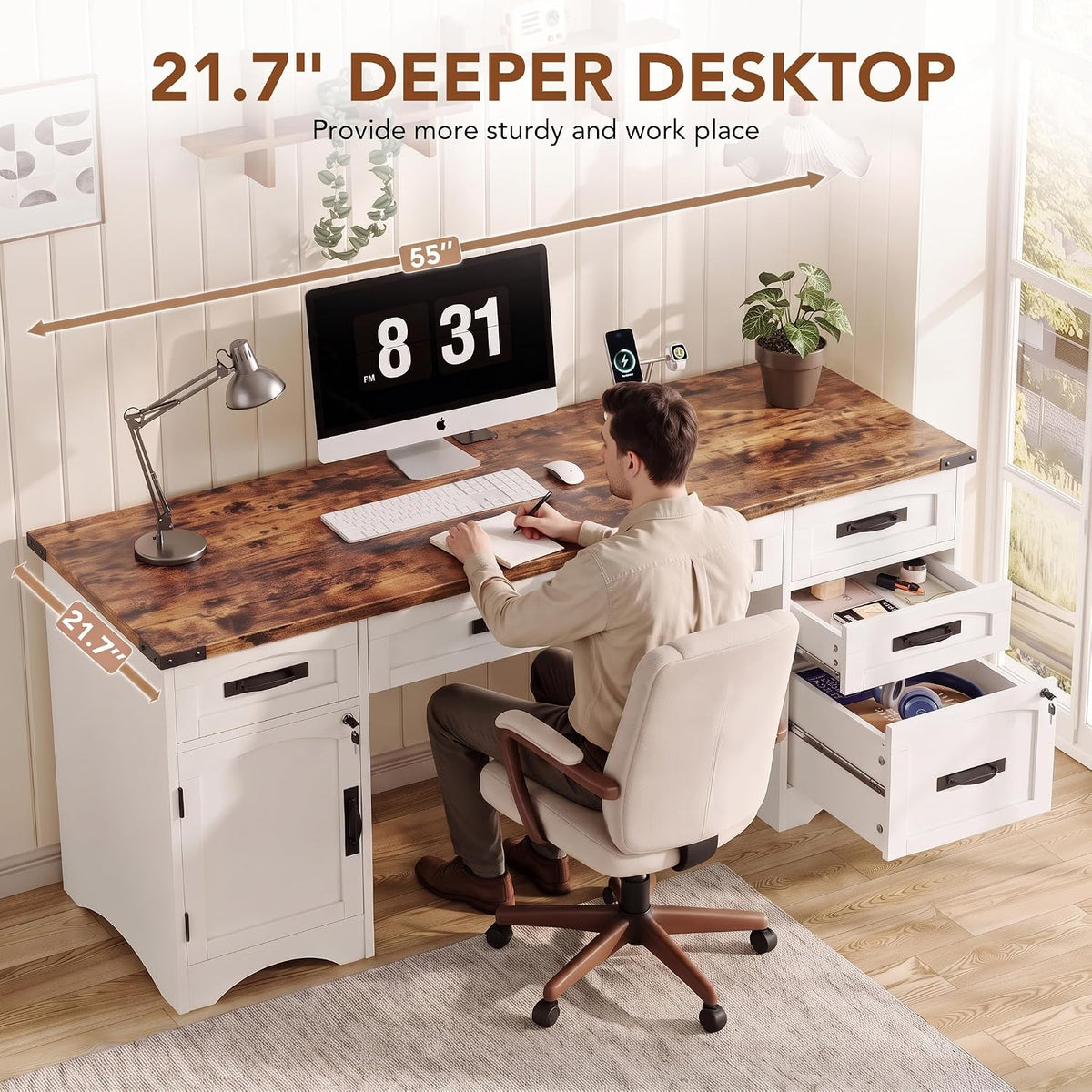 Decofy Farmhouse Executive Desk with Drawers, 55" Home Office Desks with Fast Charging Station, Lockable File Cabinet, Wood Writing Computer Desk for Work, Study