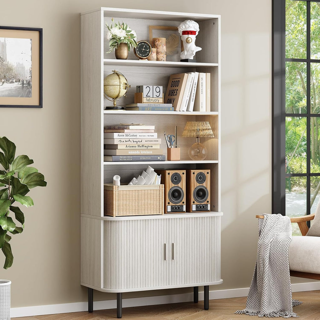 ONBRILL 71" Bookshelf with Sliding Door, Bookcase Cabinet, Natural White