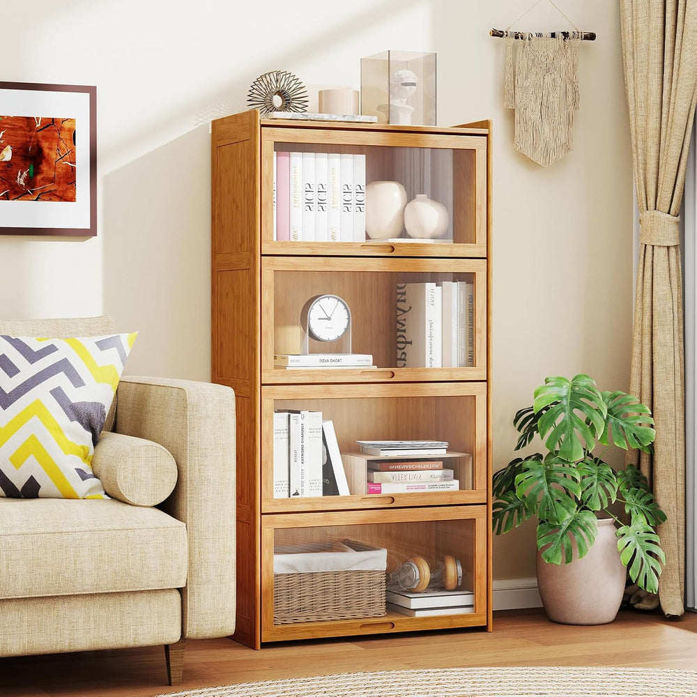 Giantex 4-Tier Bookcase with Clear Doors, 55" Bamboo Bookshelf with Flip...