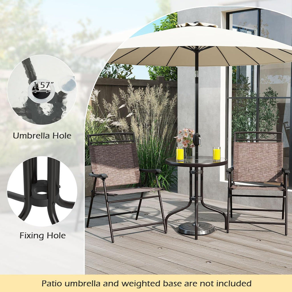 Goplus Bistro Table and Chairs Set of 2, Outdoor 3 Piece Patio Bistro Set with 1.57” Umbrella Hole, Tempered Glass Tabletop, 2 Folding Chairs, Small Patio Furniture Dining Set for Garden, Balcony