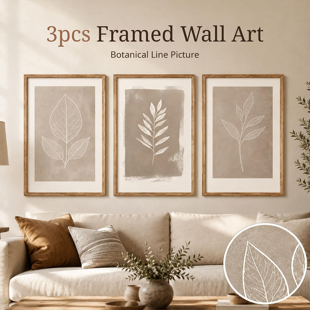 Framed 3pcs Boho Neutral Leaf Canvas Wall Art 16X24 Inch