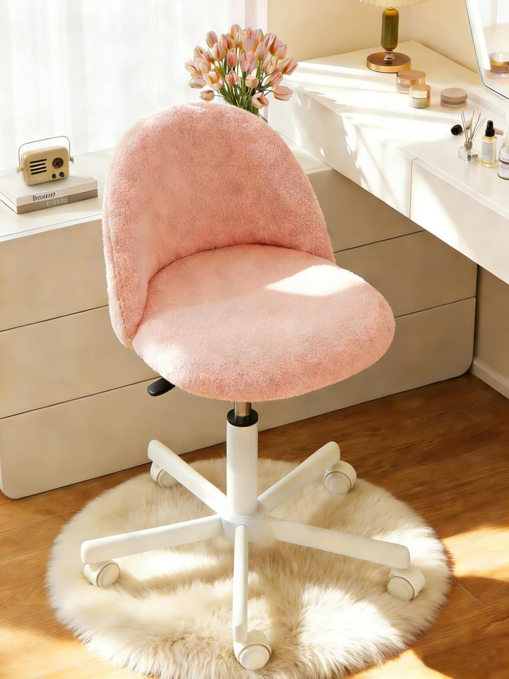 WAYTRIM Pink Vanity Chair with Wheels - Swivel Makeup Chair Small Computer Ch...