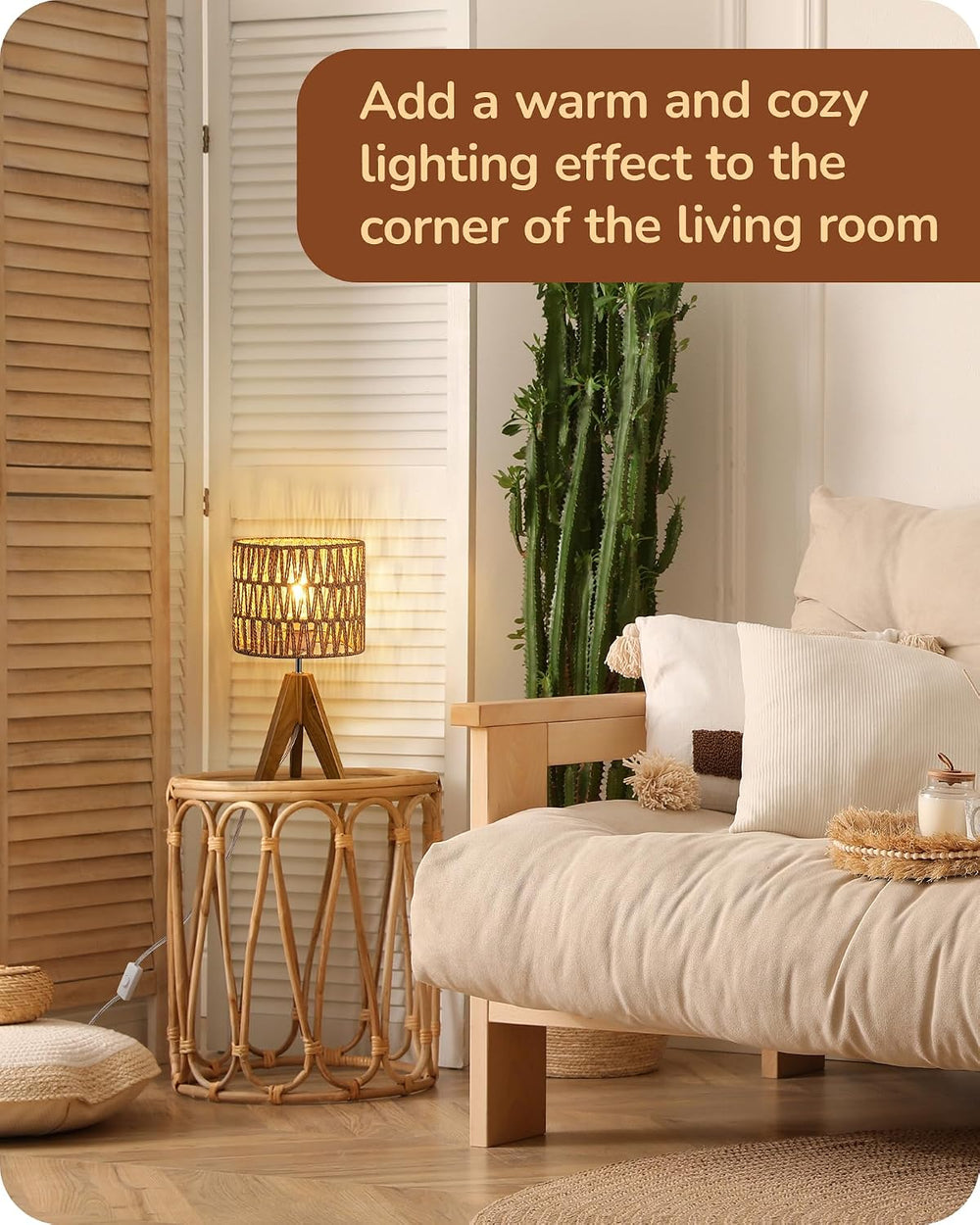 EDISHINE Rattan Small Table Lamp, Boho Nightstand Lamp, 14.2", E26 Base