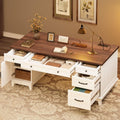 GarveeHome Executive Desk with File Drawers, Farmhouse Home Office Desk with Charging Station, 60 in Wooden Computer Desk with Cabinet Storage for Work Study Writing, White Walunt