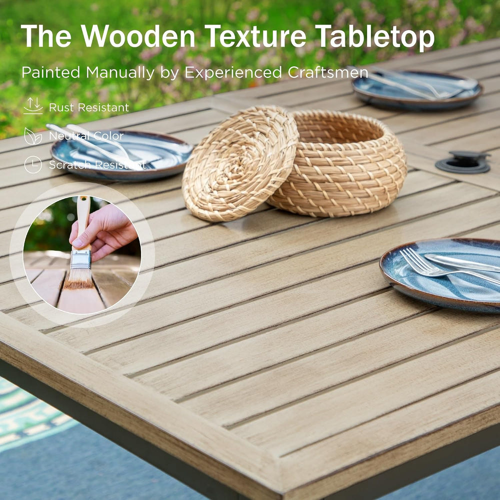 PHI VILLA Outdoor Dining Set for 6& 65”Wood-Like Metal Table