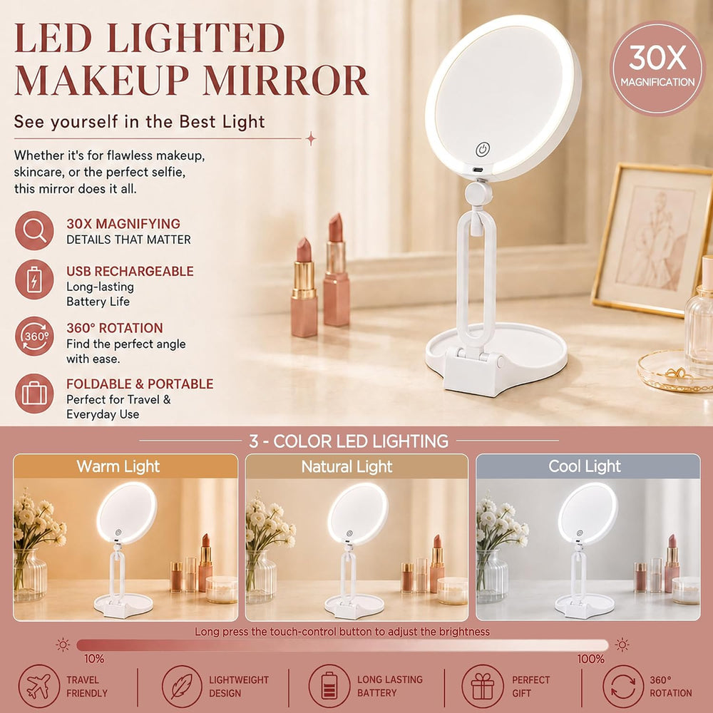 Magnifying Mirror with Light, 30X/1X, 3 Light Modes, Foldable Travel Mirror