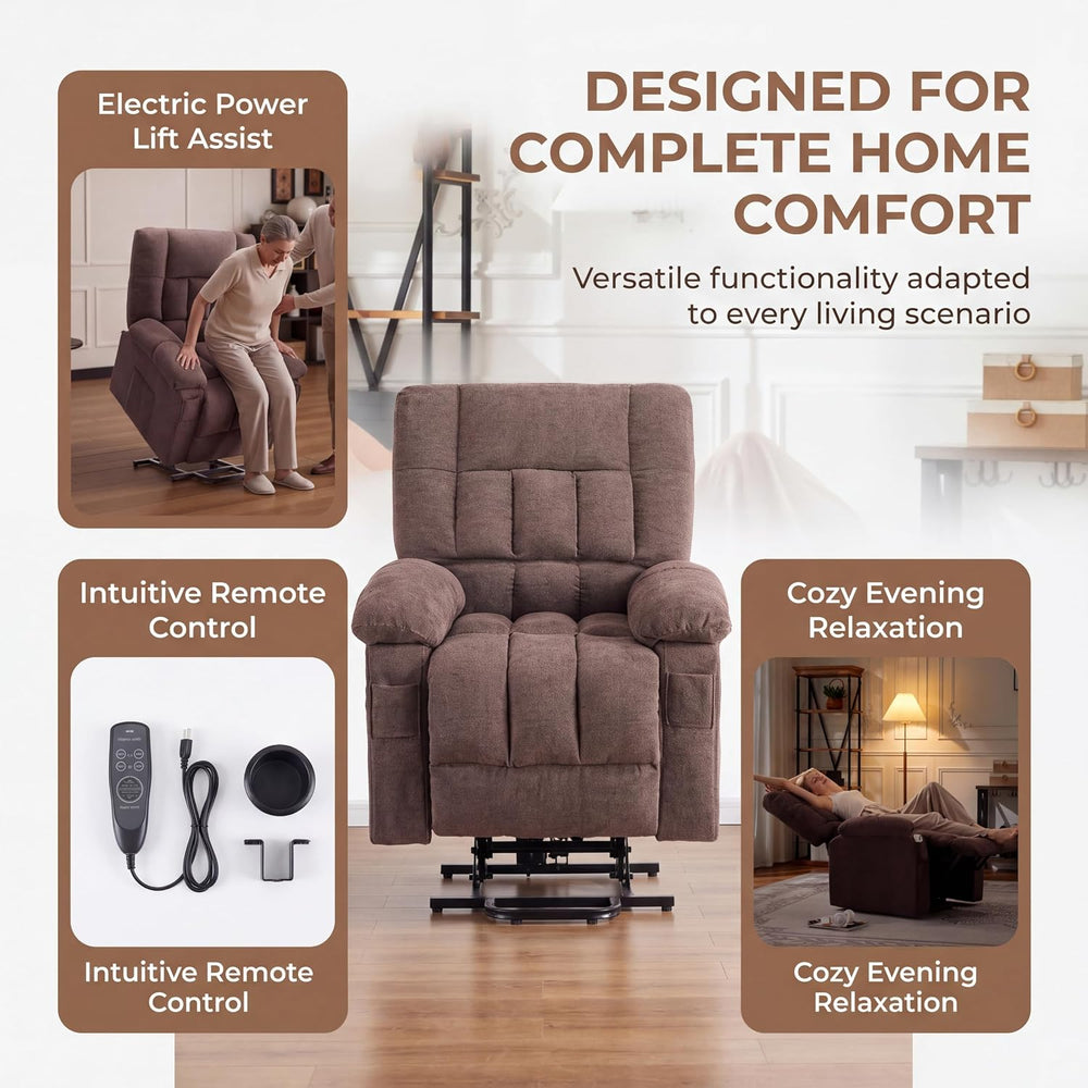 Electric Lift Heat Massage Recliner Chair with Side Pockets, Brown