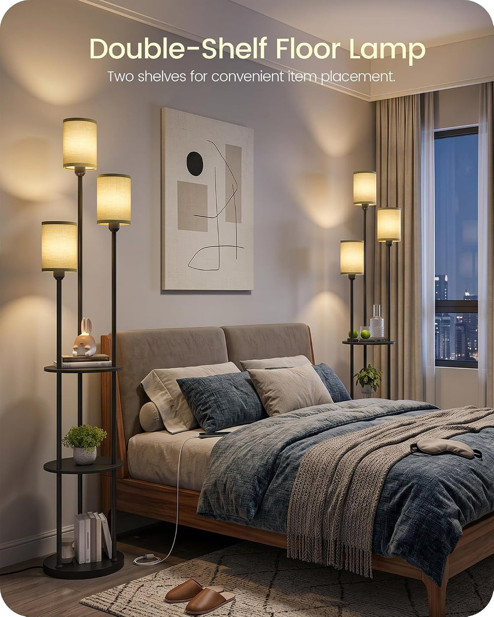 Floor Lamp with Shelves, Modern Floor Lamp with 3 Linen Shades and Foot Switc...