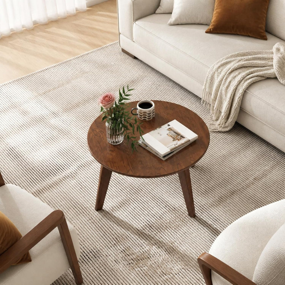 100% Solid Wood Round Coffee Table, Small Coffee Table w/Sturdy Legs, Wood Si...