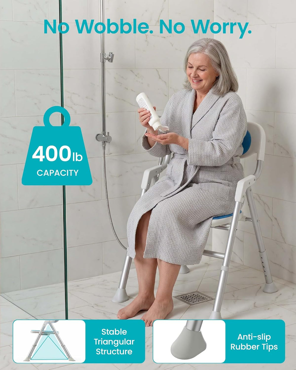 Folding Shower Chair for Inside Shower, Arms and Back, 400 lb, Blue