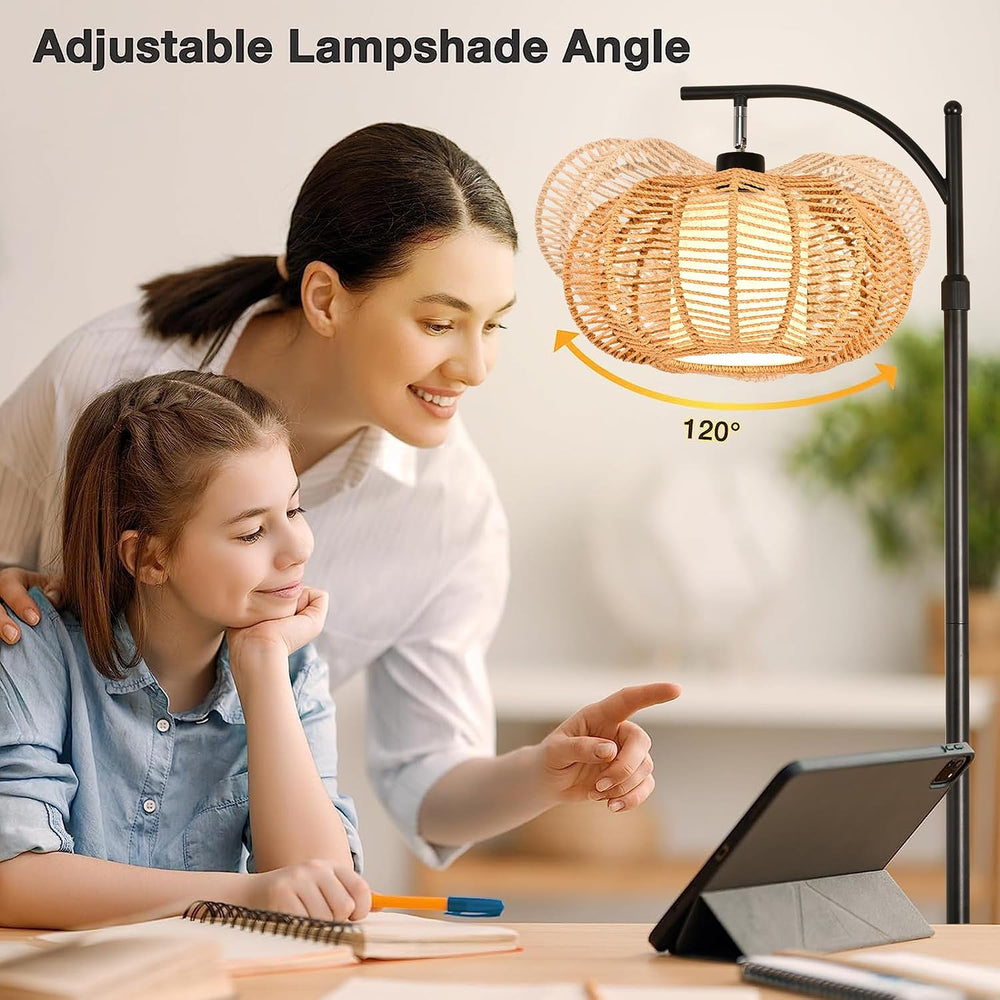 ZECOXOL Arc Floor Lamps for Living Room Bedroom Rattan Boho Floor Lamp with R...