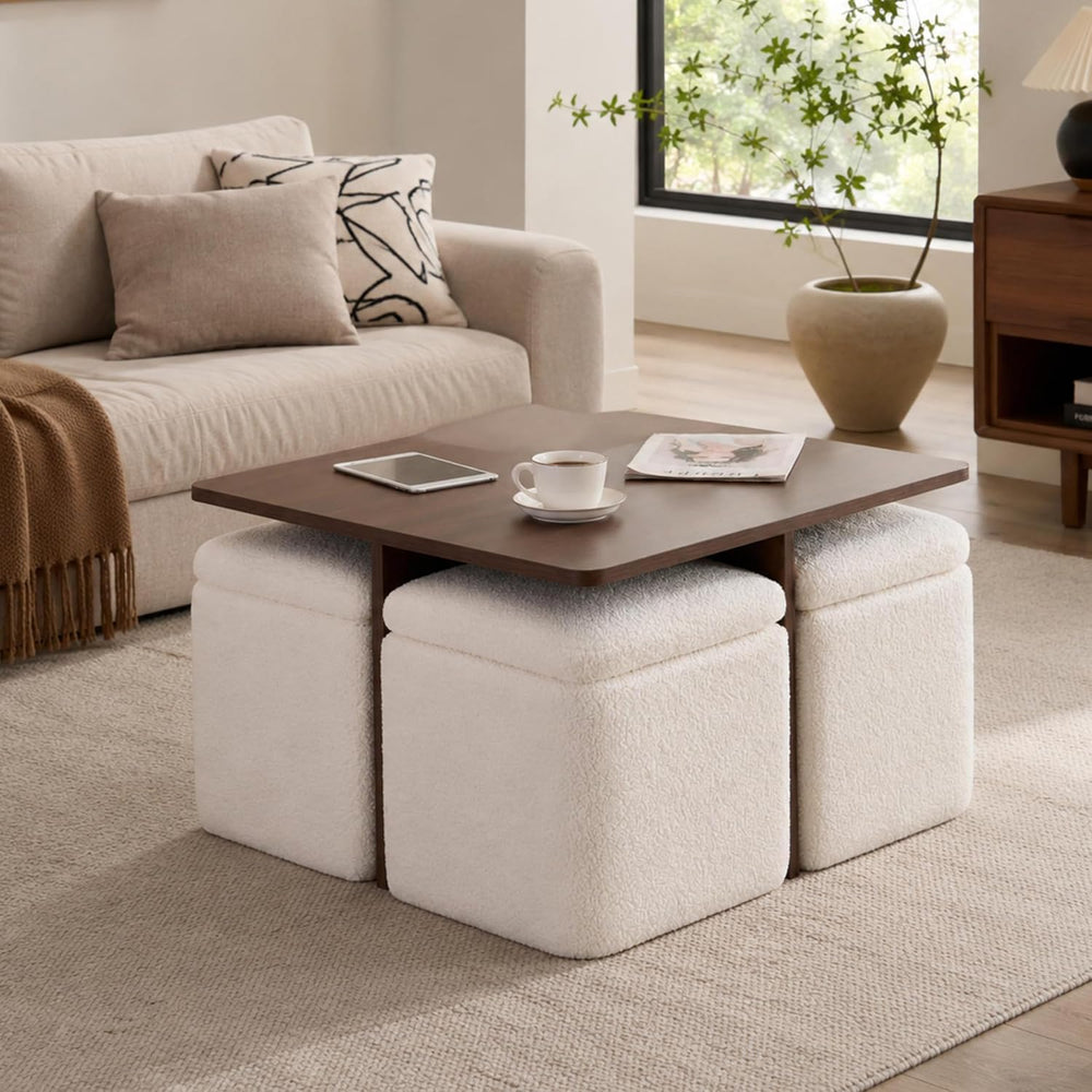 Square Coffee Table with Storage Ottomans, Beige