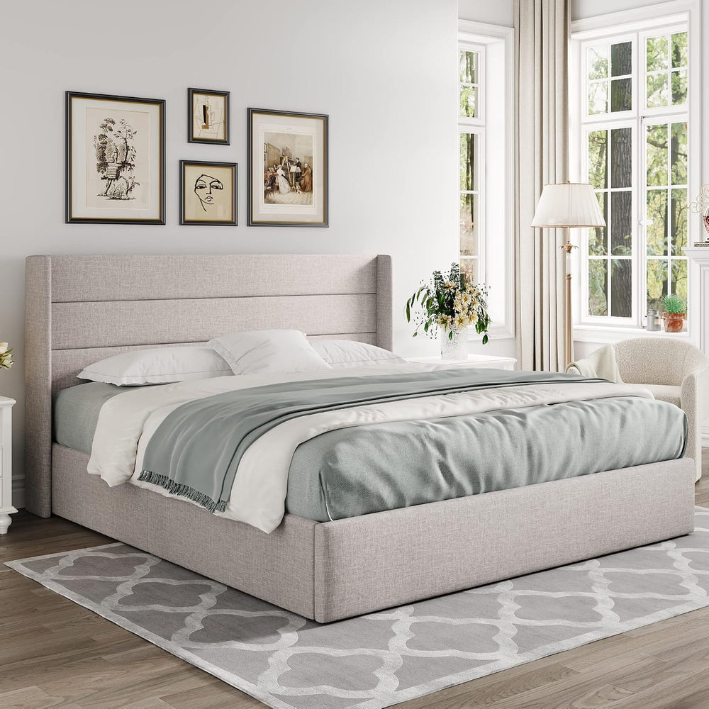 Allewie King Size Lift Up Hydraulic Storage Bed Frame Light Beige