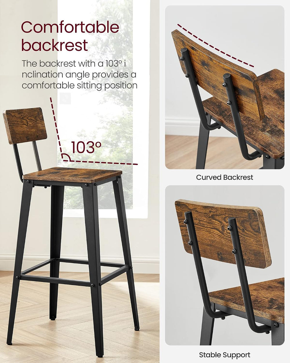 VASAGLE Bar Stools Set of 2, 29.7 Inches Tall, with Back, Steel Frame