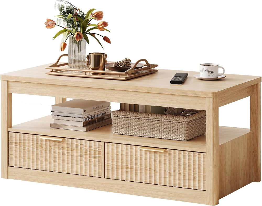 LINSY Home Farmhouse Coffee Table with Hidden Storage, Oak | Wood Coffee Tabl...