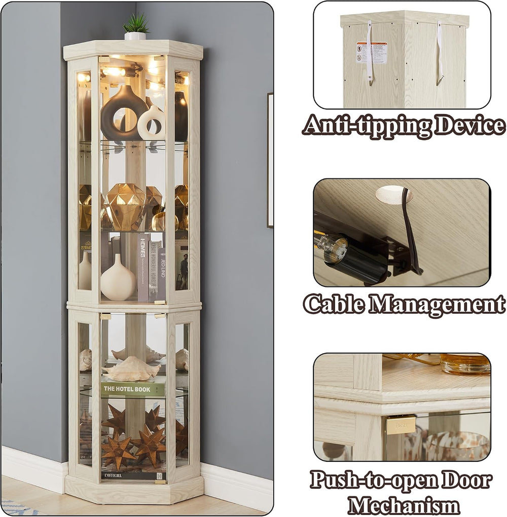 69" H Lighted Curio Cabinet Corner Display Case,Corner Glass Cabinet wit...