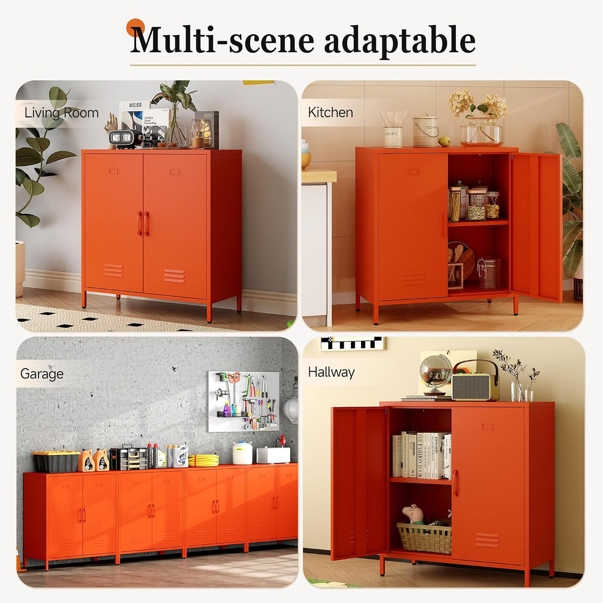 Metal Storage Cabinet with Adjustable Shelves & Magnetic Doorstops, 2-Door Metal Side Cabinet, Storage Cabinets for Living Room Kitchen Office,Orange