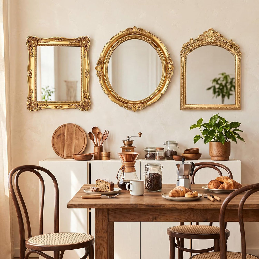 3 Pcs Vintage Gold Wall Mirror Set, 15in/13in/12in, Retro Style