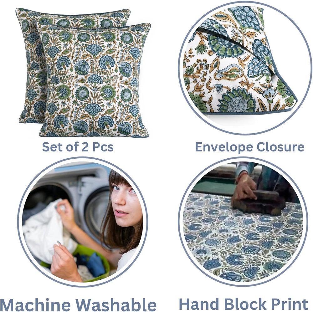 Ridhi Asparagus Green Block Print Cotton Pillow Cover 16x16 Inch Set of 2