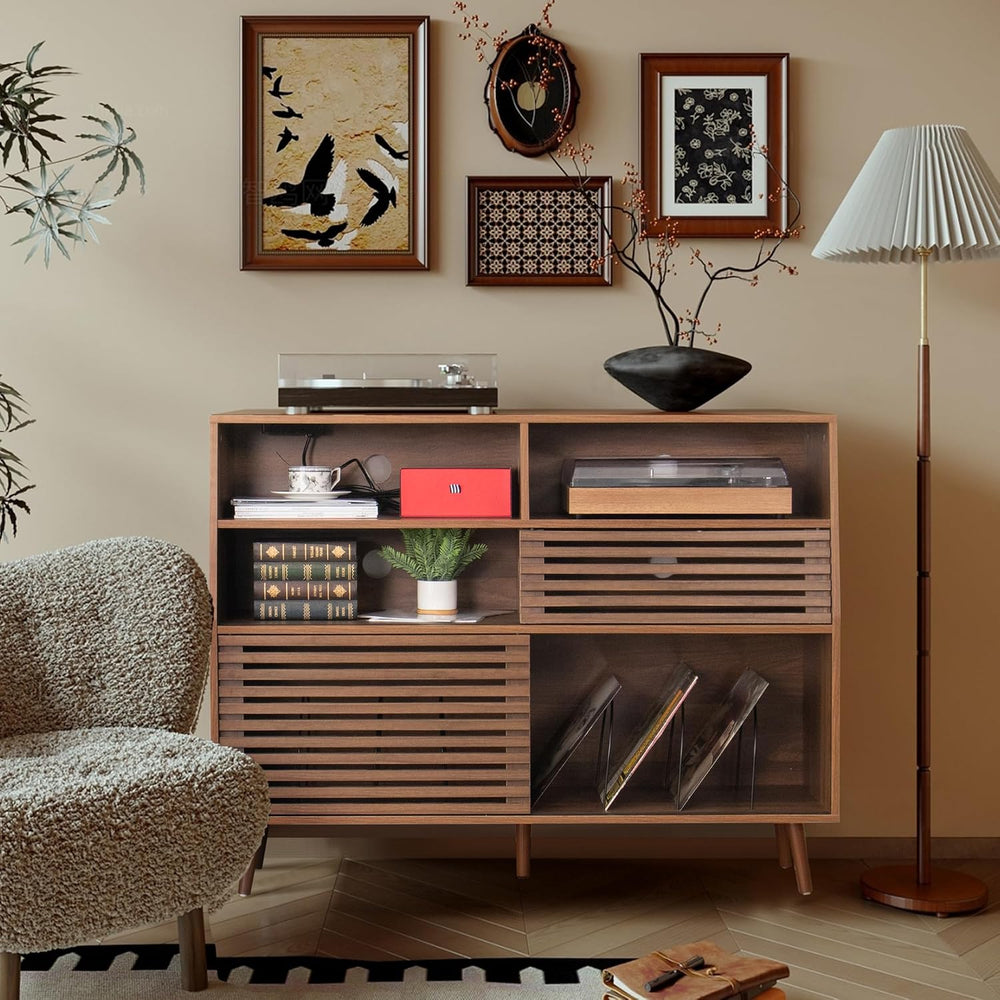 Jluomei Large Record Player Stand, Mid-Century Turntable Stand with Doors and...