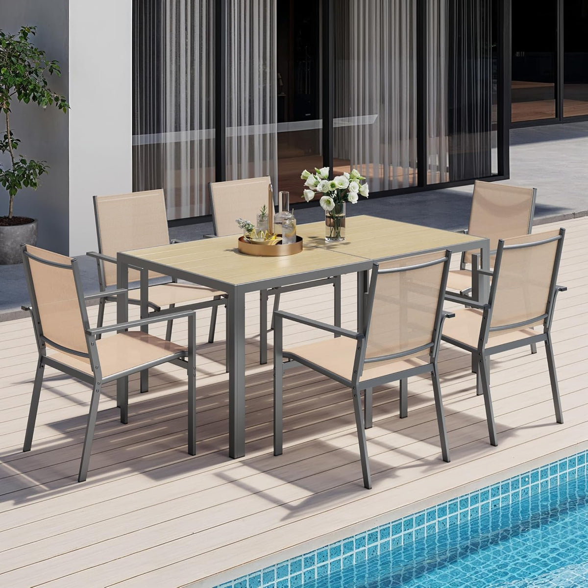 Ahomly Patio Table and Chairs Set for 6, Outdoor Dining Set