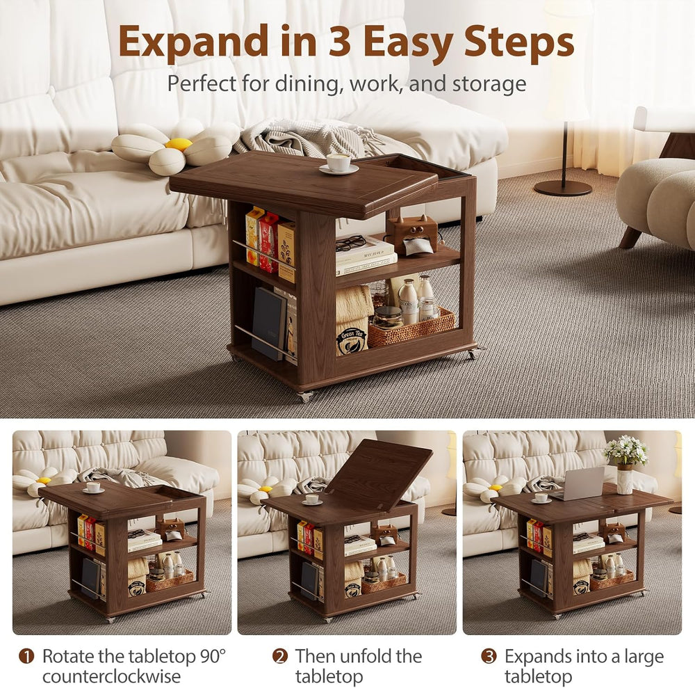 Expandable Coffee Table with Hidden Storage and Adjustable Shelves Walnut