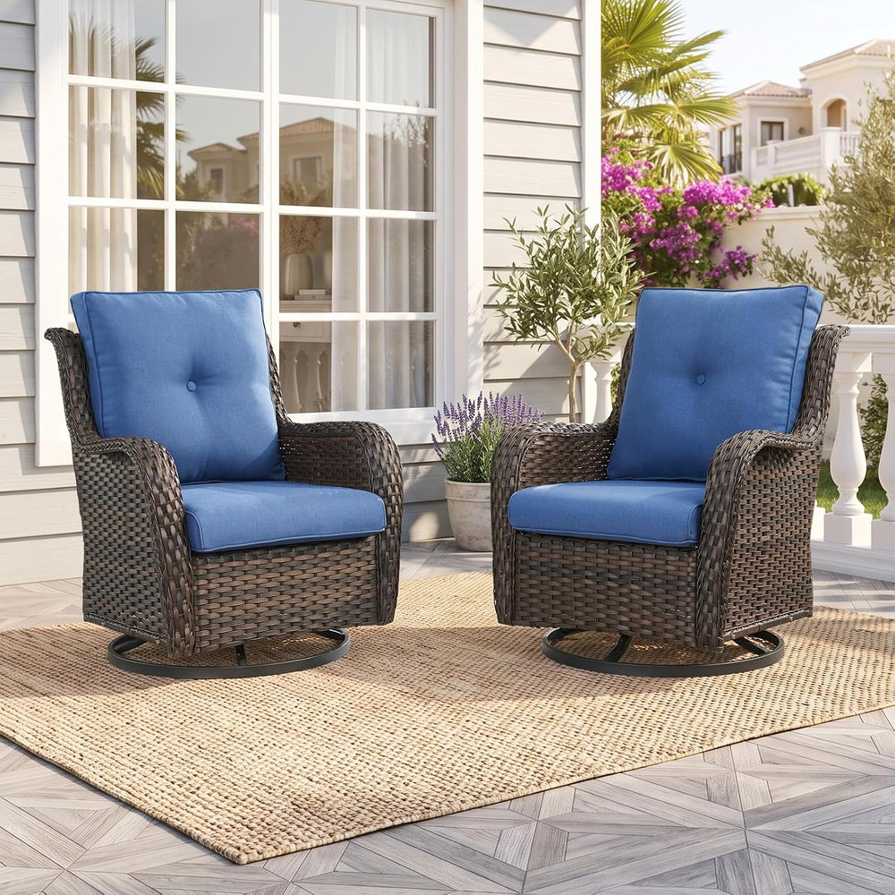2 Pieces Outdoor Wicker Swivel Rocker Patio Chairs Set of 2, Cushions Blue