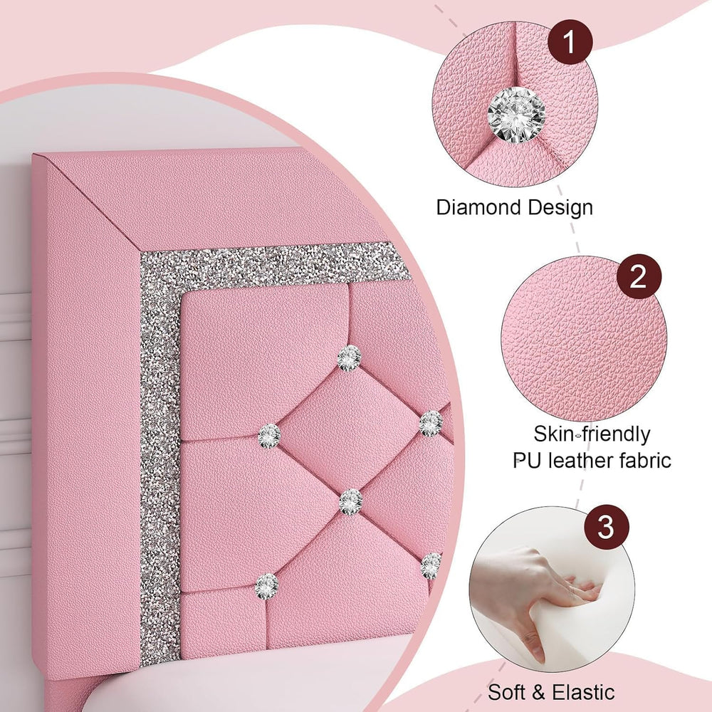 HOMBCK Full Size Bed Frame, Upholstered Platform Bed with Headboard, Pink