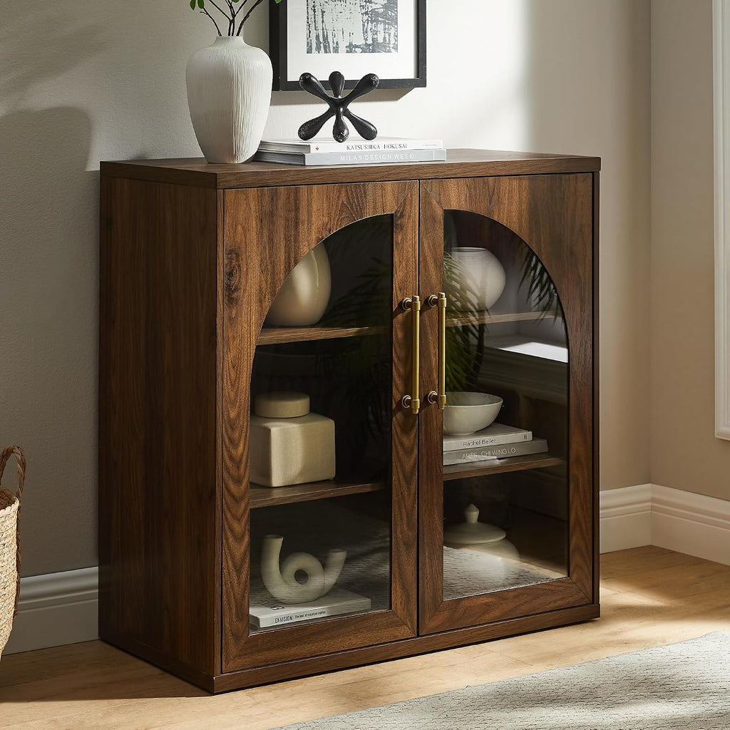 ACCOHOHO Glass Arched Door Sideboard Buffet Cabinet, Brown