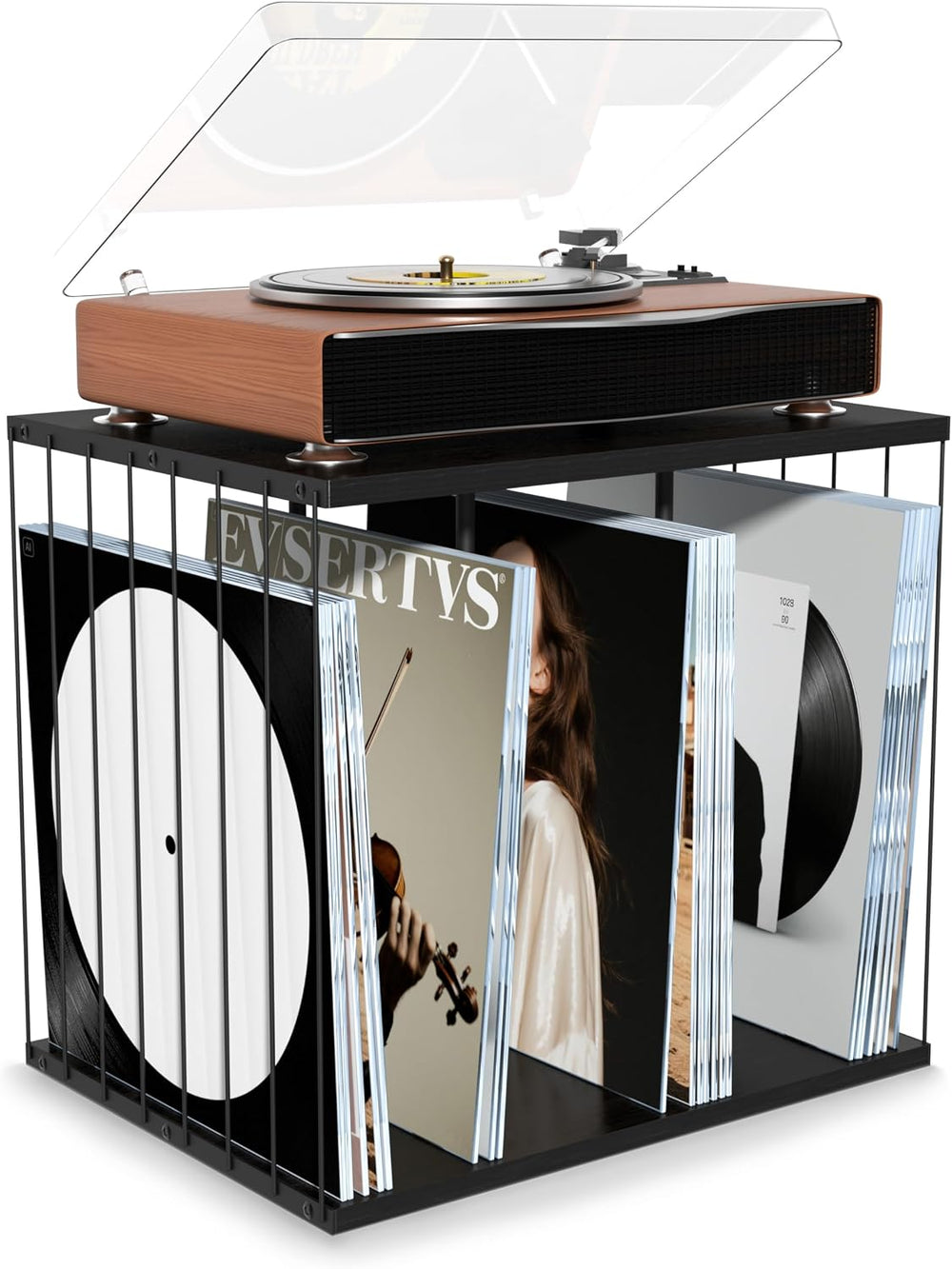 Emfogo Vinyl Record Storage, Metal & Wooden Vinyl Record Holder Up to 80 ...