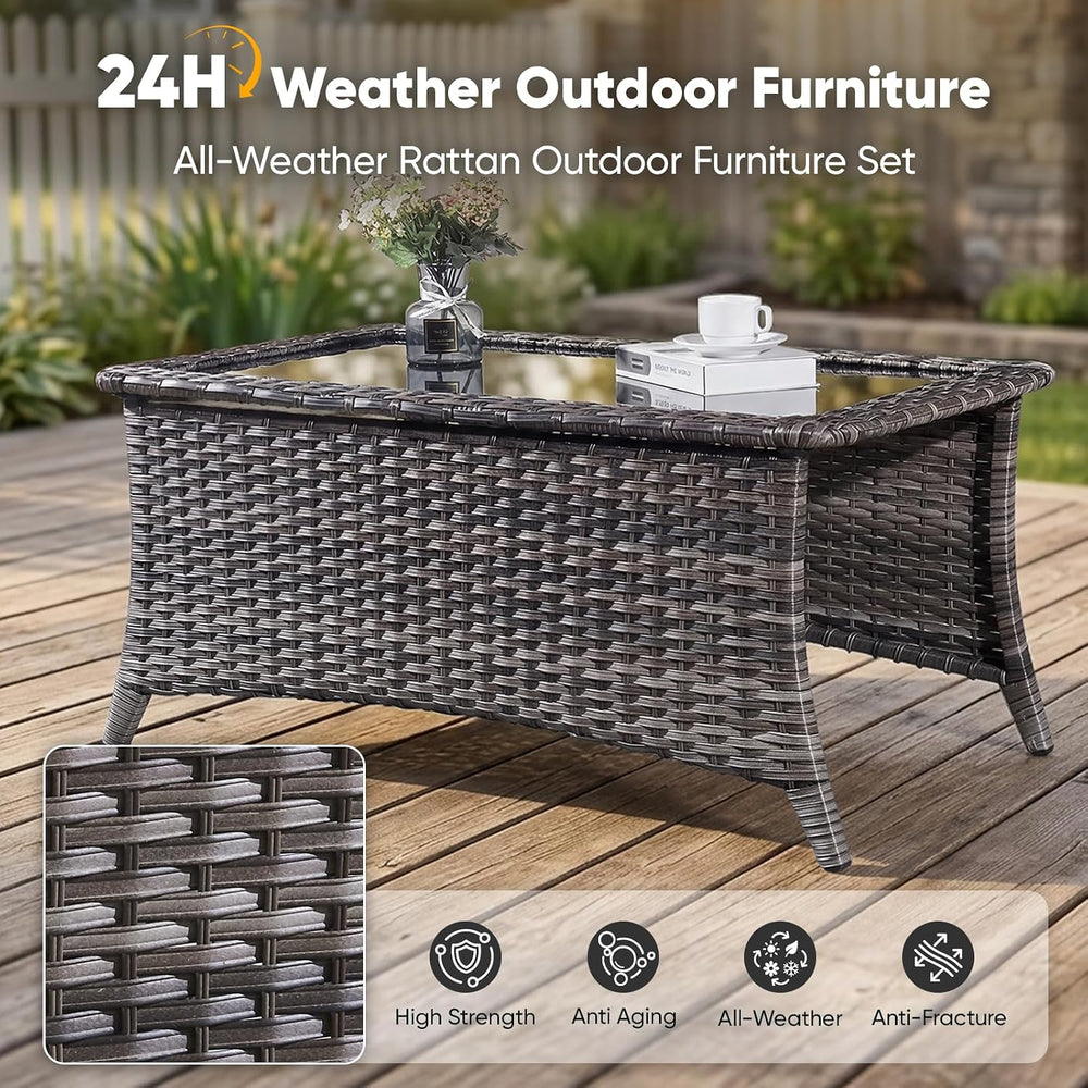 Belord Patio Coffee Table Outdoor Rectangular Glass Table, Handwoven Rattan P...