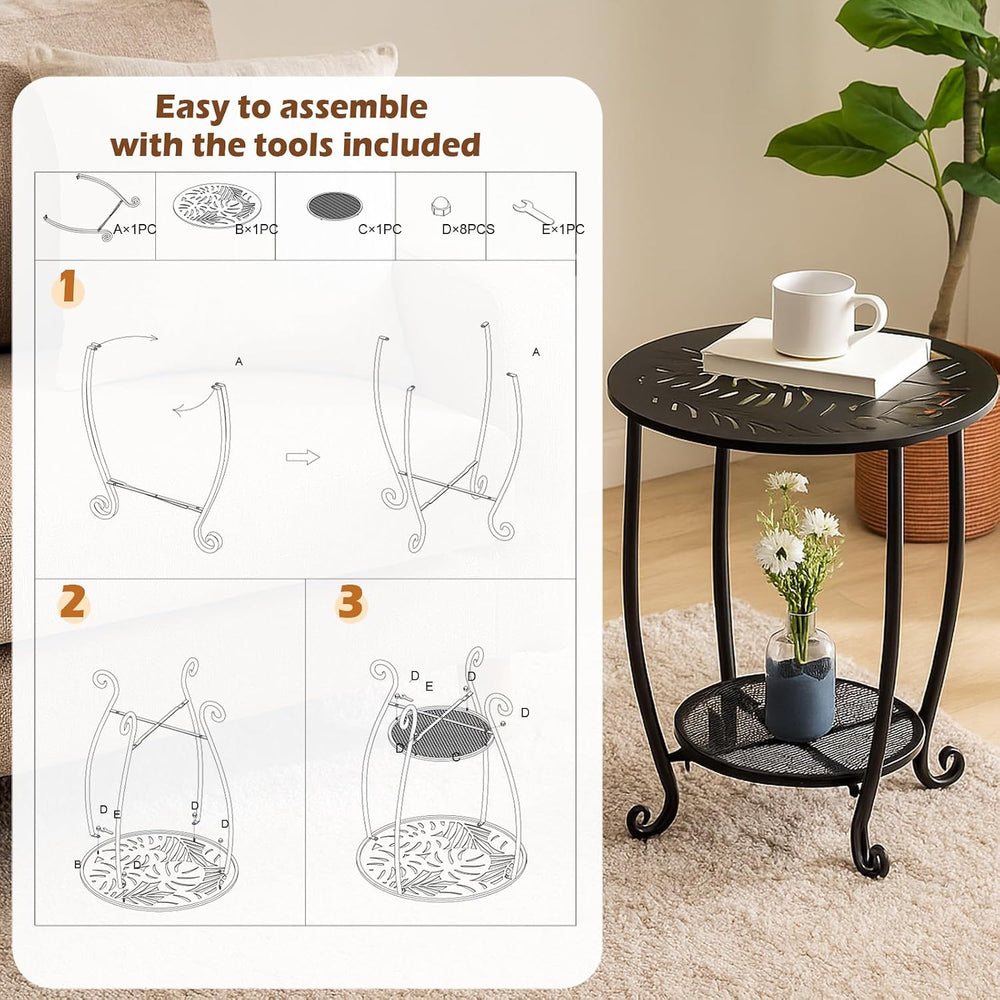 2-Tier Metal Round Side Table Set of Two Black Accent Coffee Tables Small Spa...