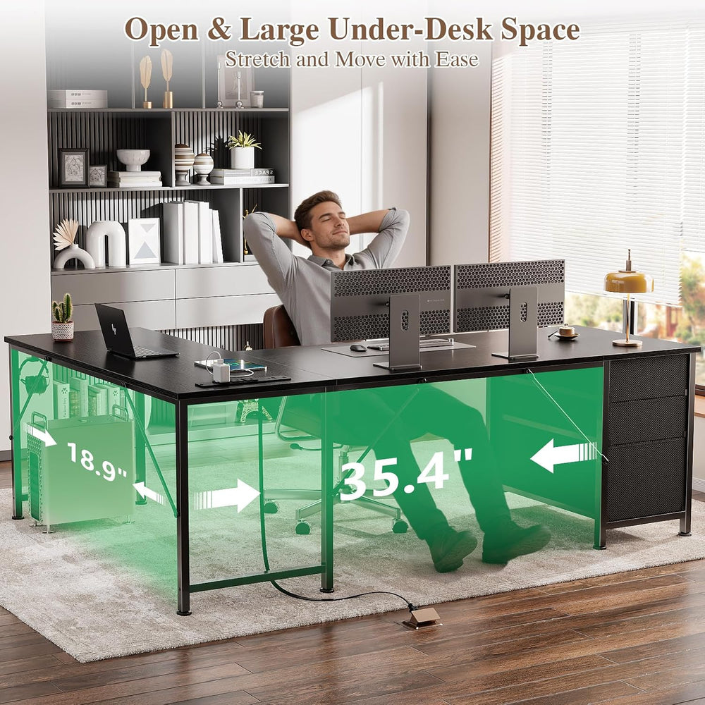 Furologee 63" L Shaped Desk, Computer Corner Desk with Outlets, Black