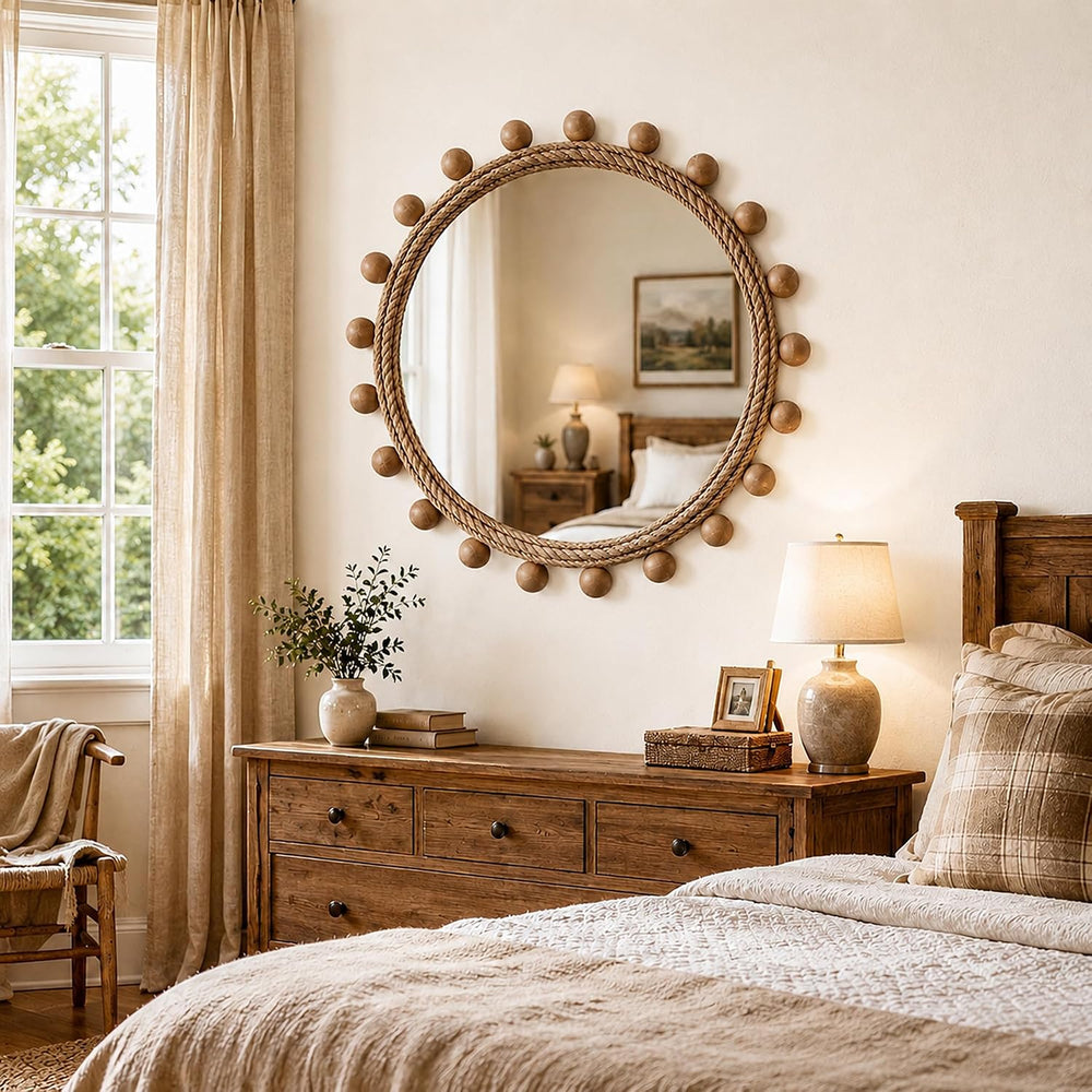 30" Round Jute Rope Wall Mirror with 2-Inch Rubberwood Beads