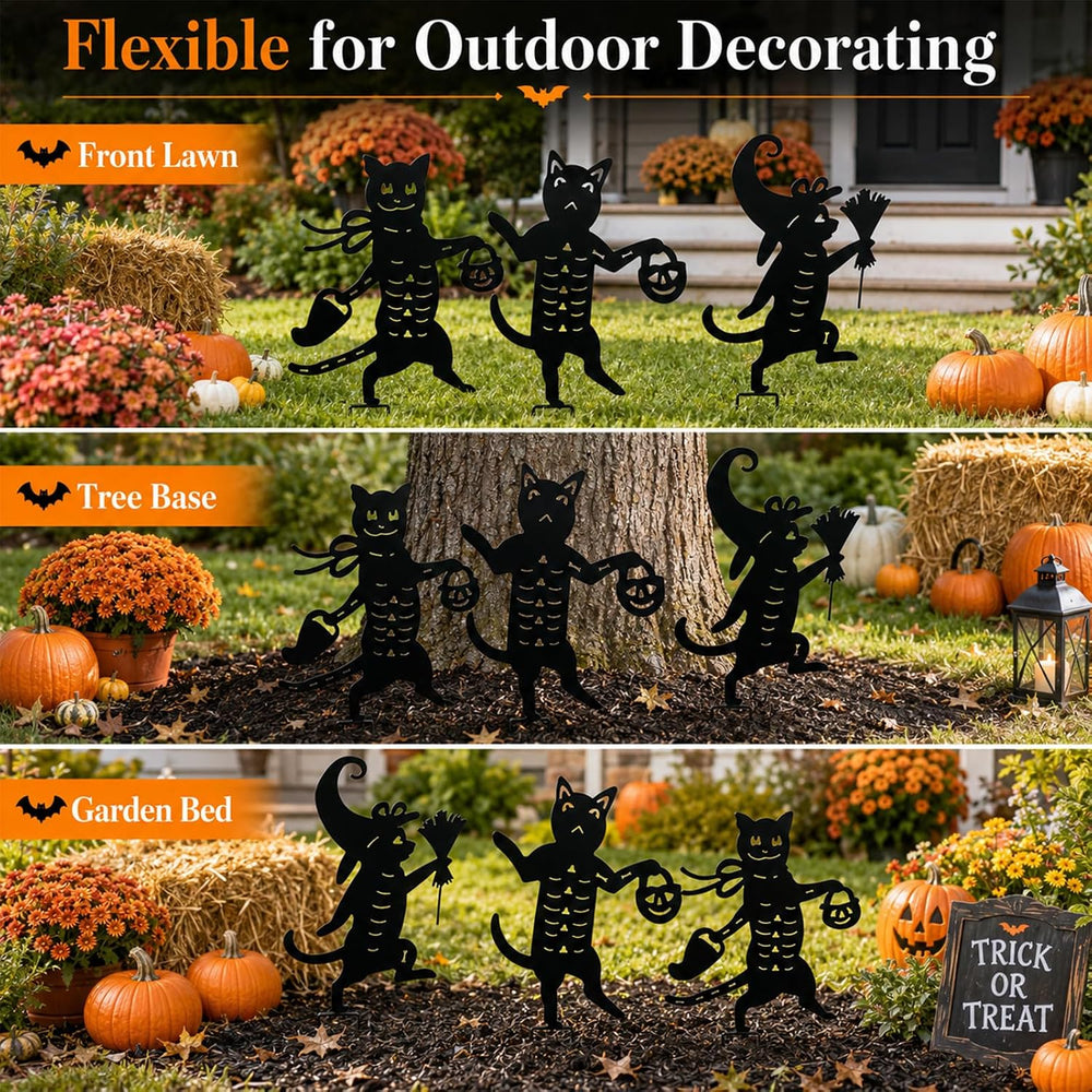 Metal Halloween Black Cat Garden Stakes Decorative, 3 Pack Scary Cat