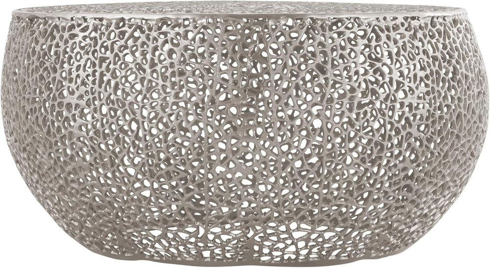 32" Silver Aluminum Drum Coffee Table with Open Mesh Design