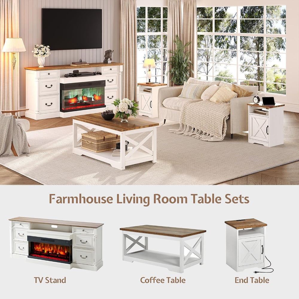 LUXOAK 3 Piece Living Room Table Set with Barn Door, Distressed White