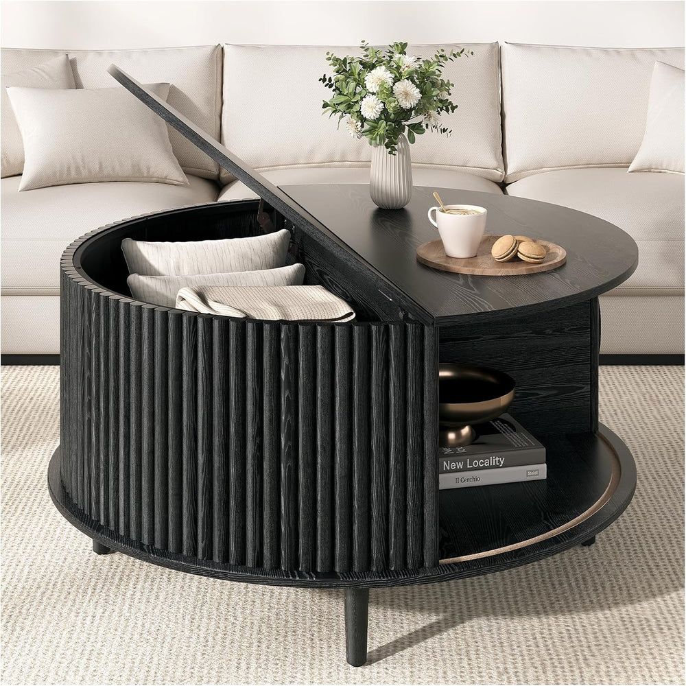 JOINICE 31.5" Round Coffee Table with Storage for Living Room, Black