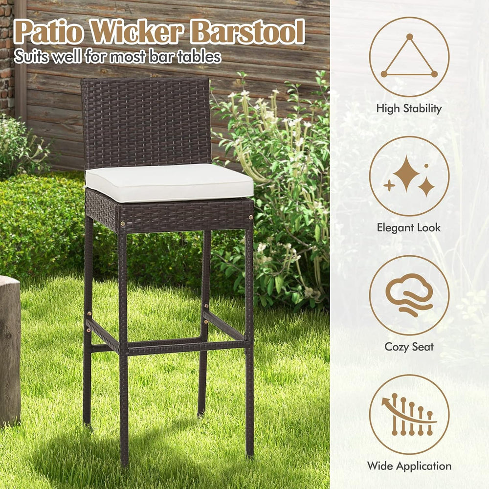 Tangkula Set of 2 Patio Wicker Barstools, Outdoor Bar Height Chair w/Soft Sea...