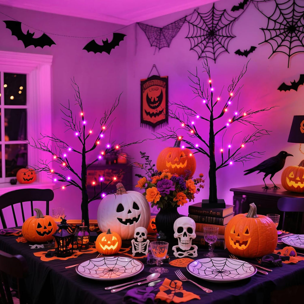 2Pack 24 Inch Halloween Spooky Tree with Lights, Lighted Tabletop Black Tree with Timer, Indoor Halloween Decorations for Home