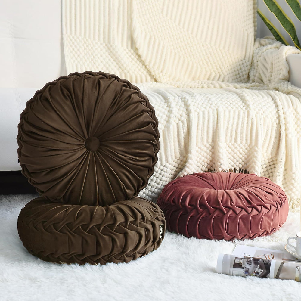 HIG Set of 2 Chocolate Velvet Decorative Round Pleated Throw Pillows