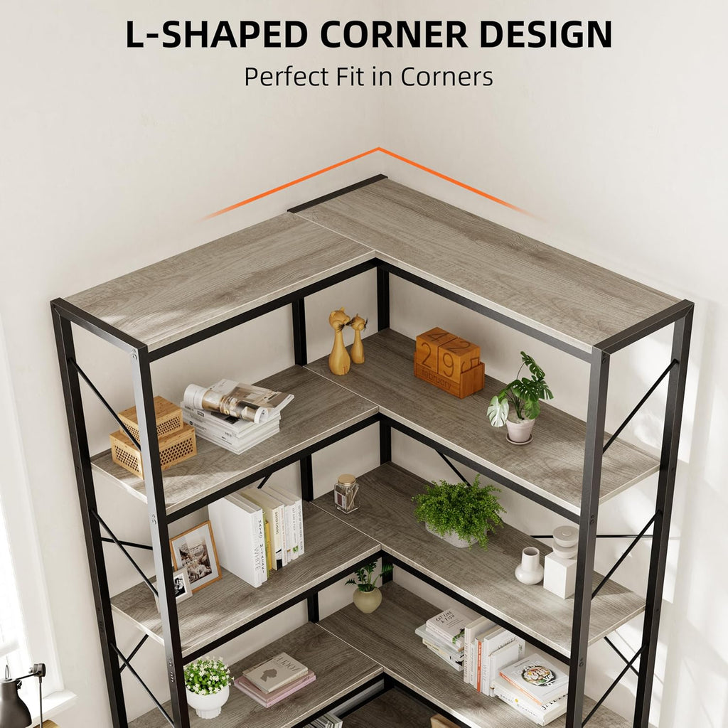 Shintenchi 5 Tier Corner Bookshelf, L Shaped Large Bookcase, Grey