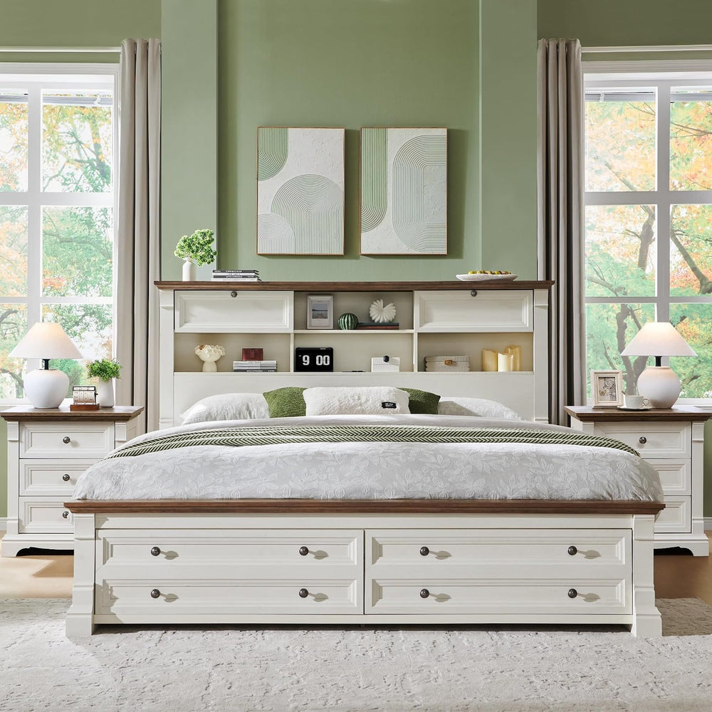 Wood Queen Size Bed Frame with 54" Tall Storage Headboard Charging Station